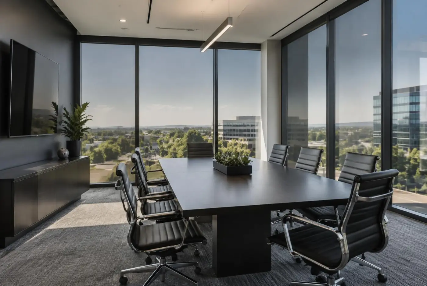 Modern conference room with glare-reducing commercial window film